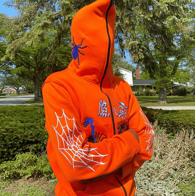 Spider Embroidered Hip Hop Sweatshirt Men's Full Zip Up Hoodie Coats at Hiphopee