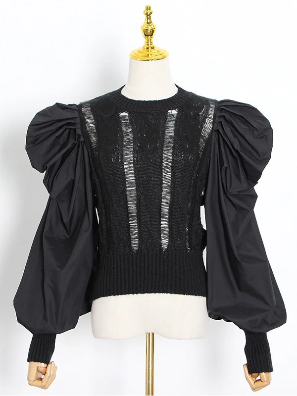 Original Skinny Puff Sleeves Hollow Split-Joint Round-Neck Sweater Tops