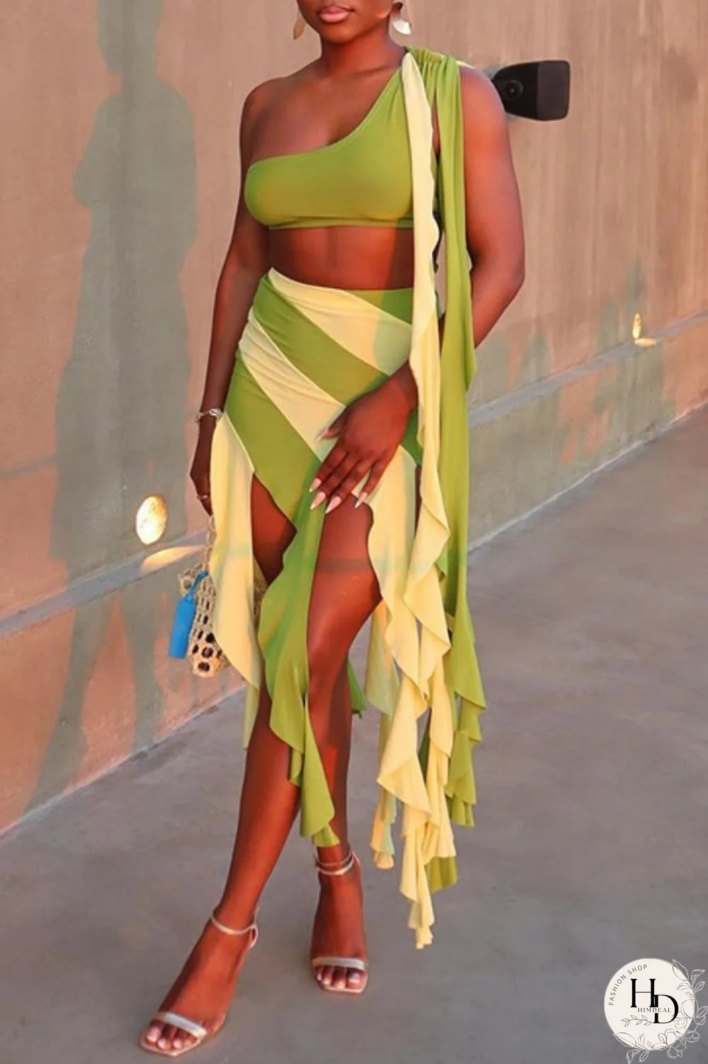 Rose Red Sexy Patchwork Tassel Bandage Backless Contrast Oblique Collar Sleeveless Two Pieces