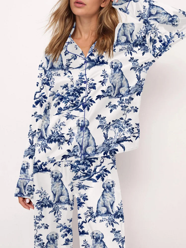 Women's Casual Golden Retriever Silky Satin Pajama Set