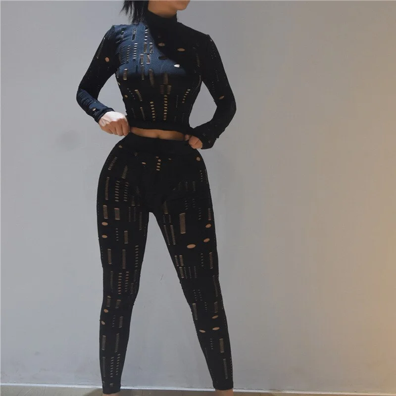 BIIKPIIK Causal Hollow Out 2 Piece Sets Bodycon Hole Solid Black Woman Long Sleeve Top+Pant Suit Autumn Workout Overalls Outfits