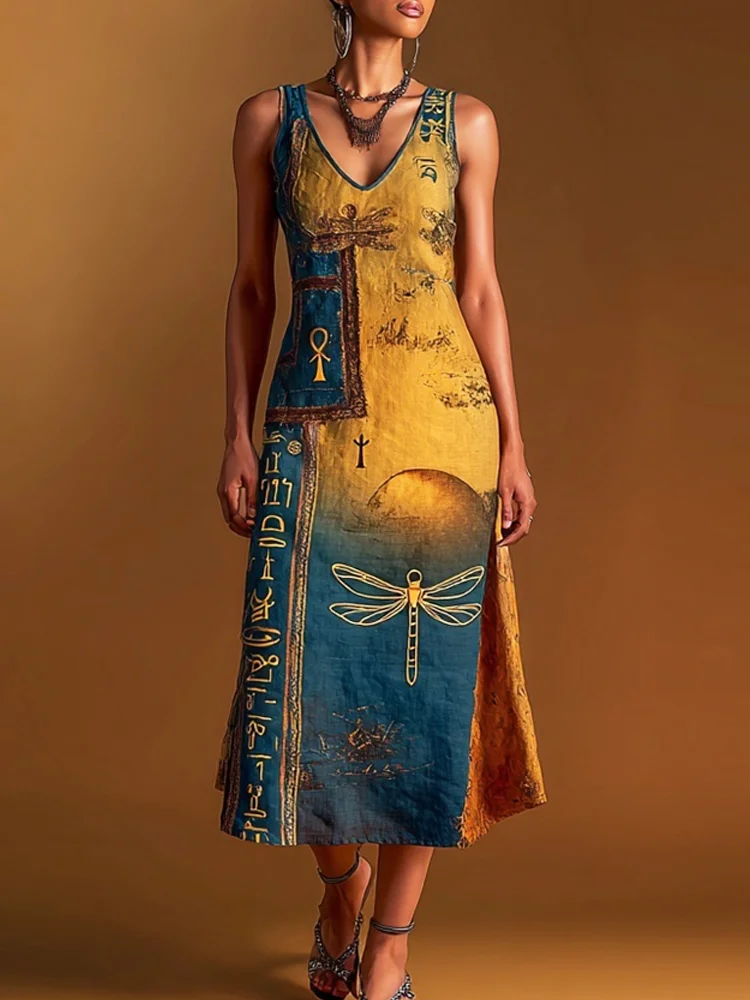 Vintage Egyptian Elements & Dragonfly Art Women's Linen V-neck Vest Maxi Dress