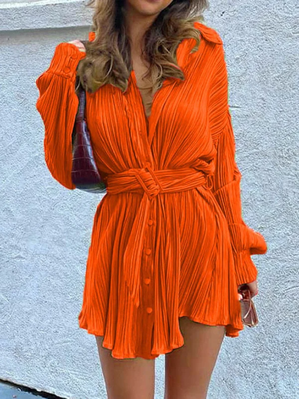 Long Sleeves Buttoned Pleated Solid Color Tied Waist Lapel Mini Dresses Shirt Dress