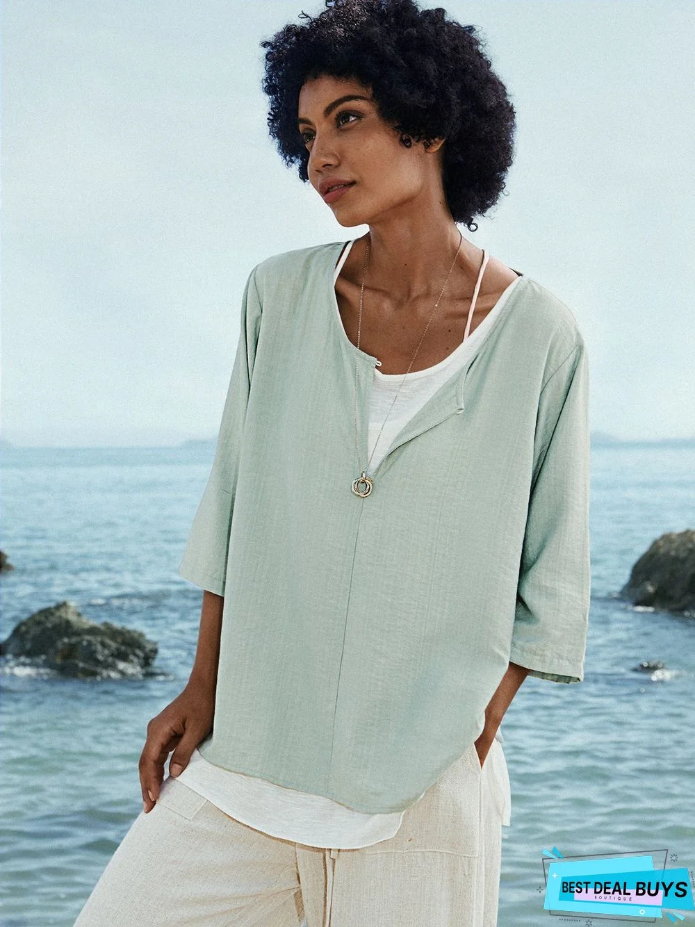 Blue Cotton V Neck 3/4 Sleeve Shift Tunic Top