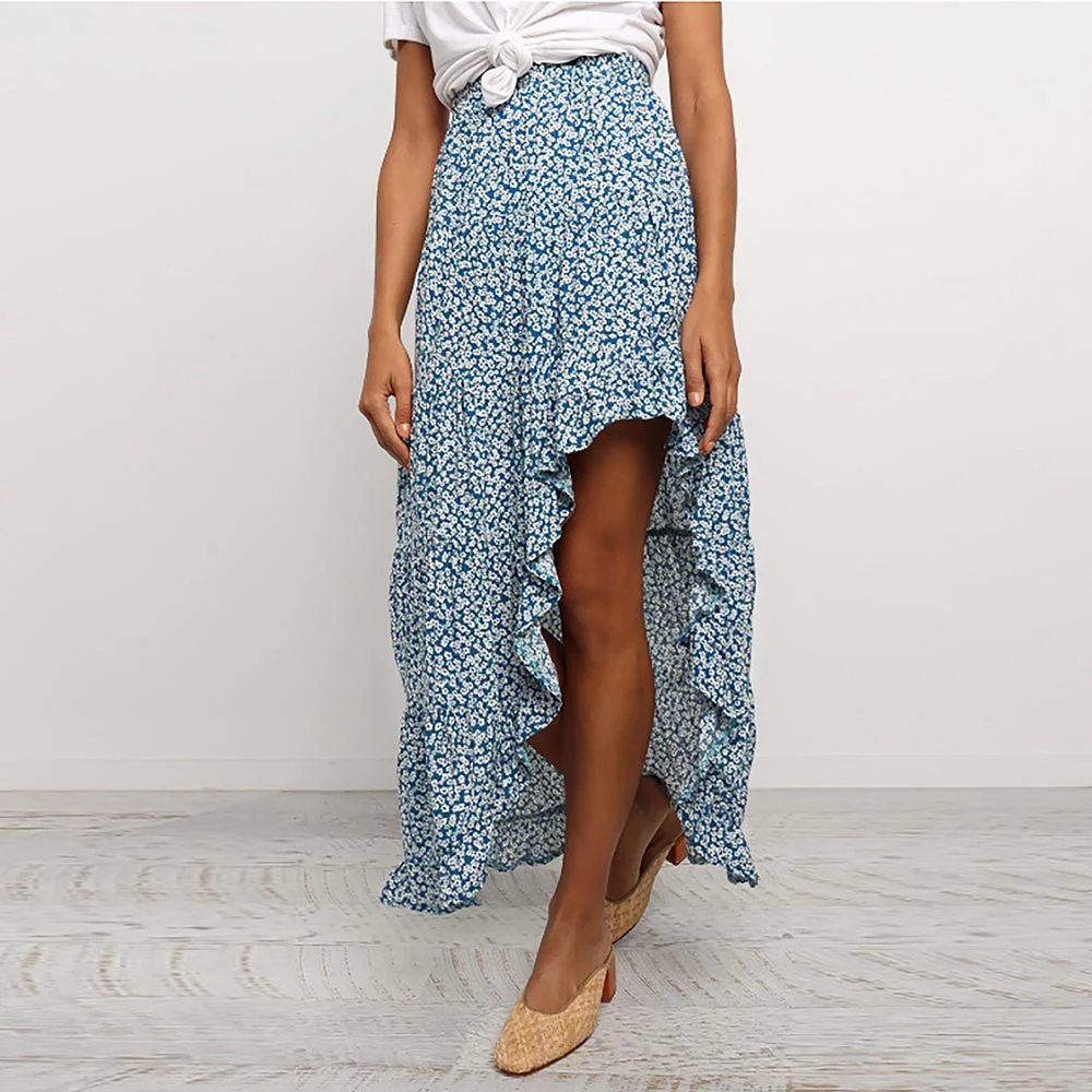 WildPinky Bohemian Black Ruffle Hem Wrap Floral Print Skirts Women Summer Elastic High Waist Ladies Irregular Long Skirt Female