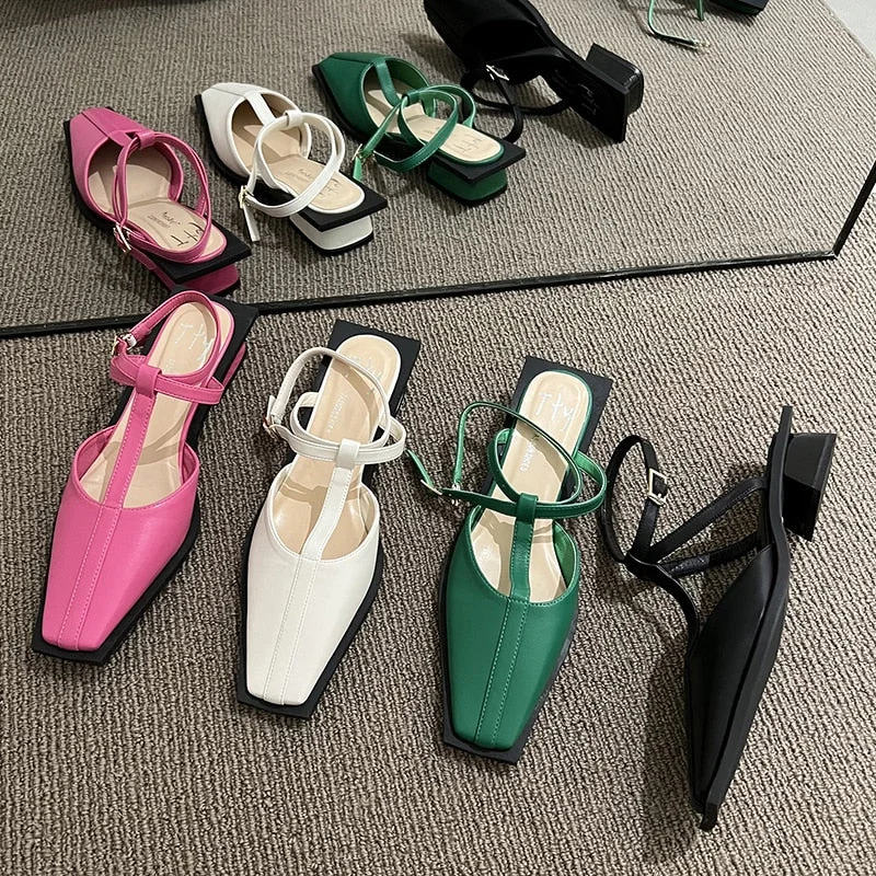 Square Toe Med Heels Mary Jane Shoes For Women Brand Design Ankle Strap Slingback Pumps Woman Soft Sole Green Party Shoes