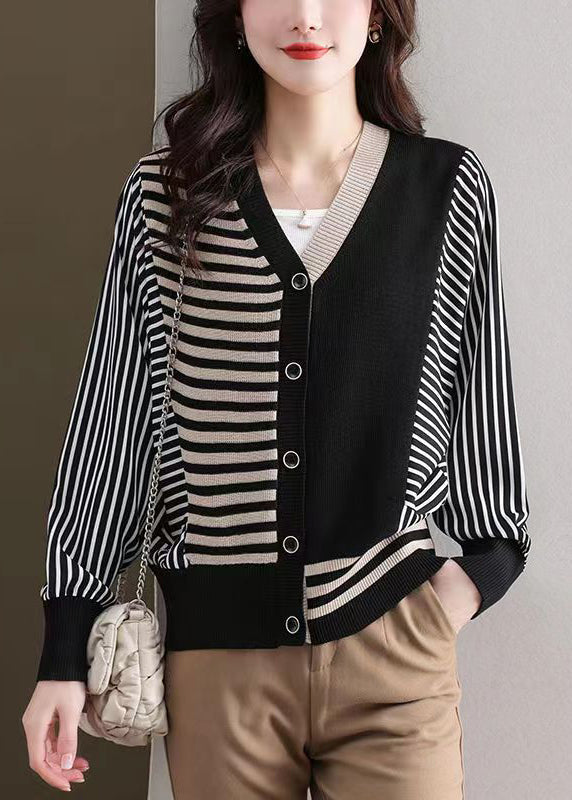 VCSHOES Loose Black Striped Button Patchwork Knit Cardigan Fall