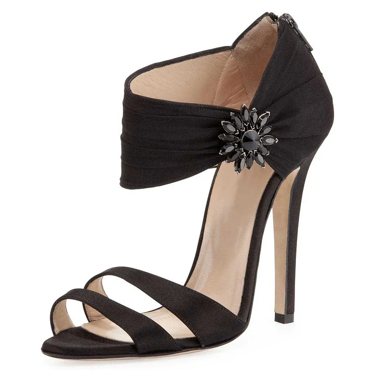 Black Satin and Tulle Stiletto Heel Dress Sandals for Women |FSJ Shoes