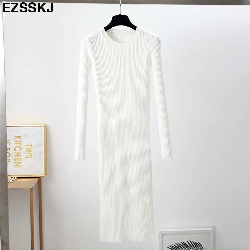 Autumn Winter long Sweater dress women solid bodycon Thick dress Female Jumper O-neck slim basic knit dress Long sleeve