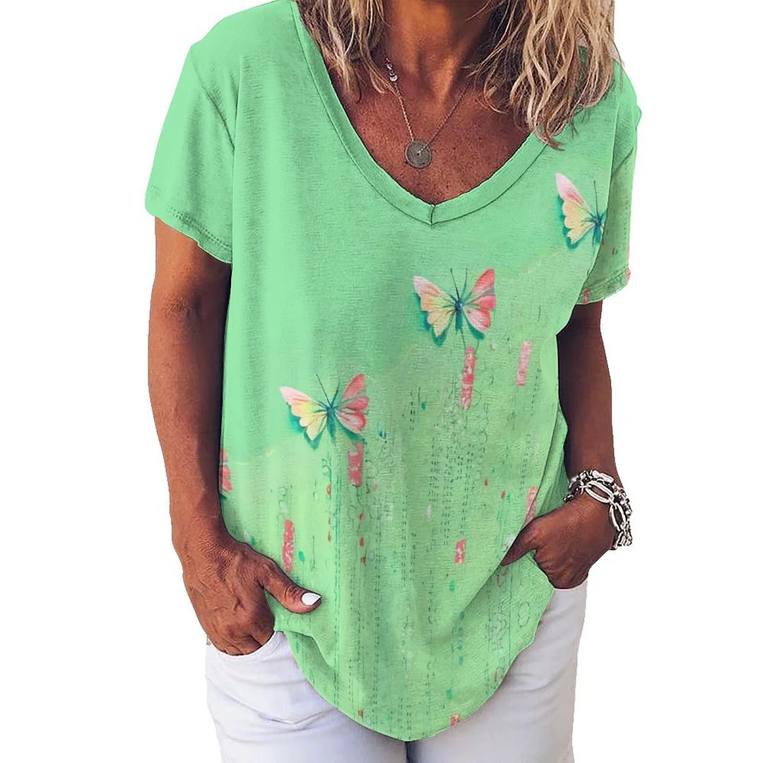 V-neck Short Sleeve Casual T-shirt for  Women Printed with Pattern Mint green, Butterfly, Glitter, Pink
