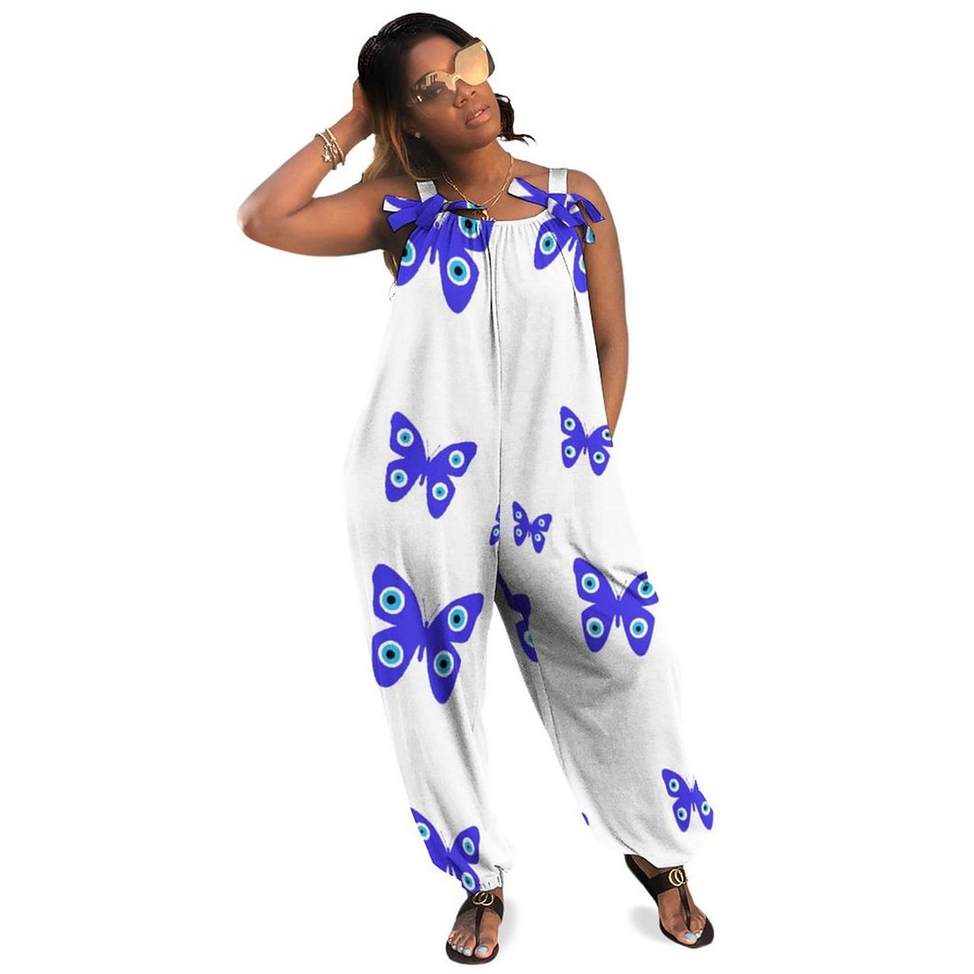 Evil Eye Blue Butterflies Boho Vintage Loose Overall Corset Jumpsuit Without Top