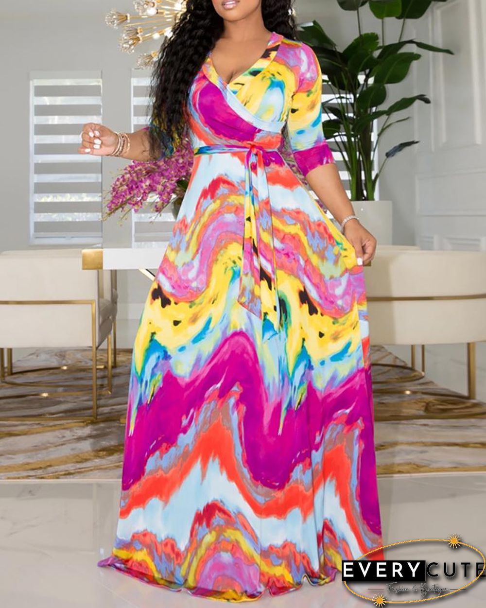 Colorblock V Neck Tied Detail Maxi Dress