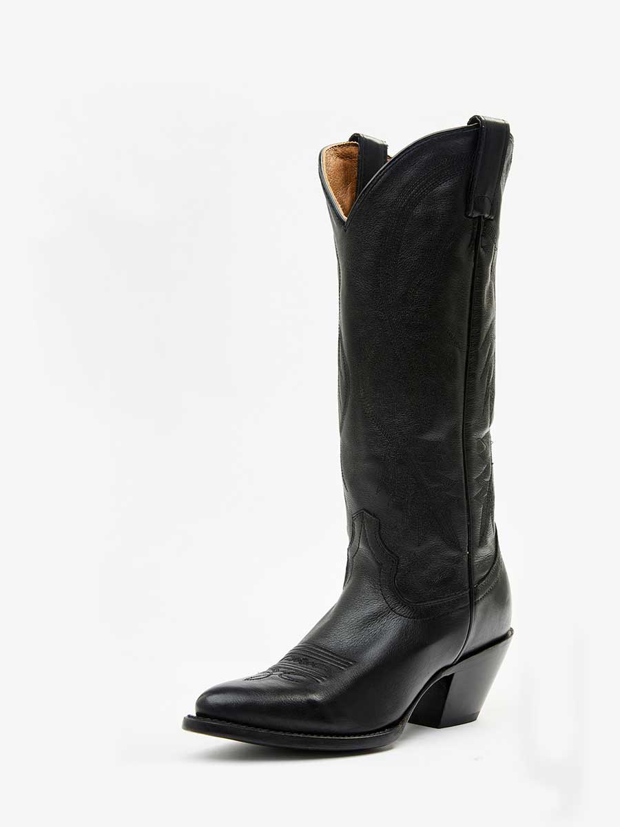 Black Pointed Toe Embroidered Heeled Wide Calf Knee High Western Boots 