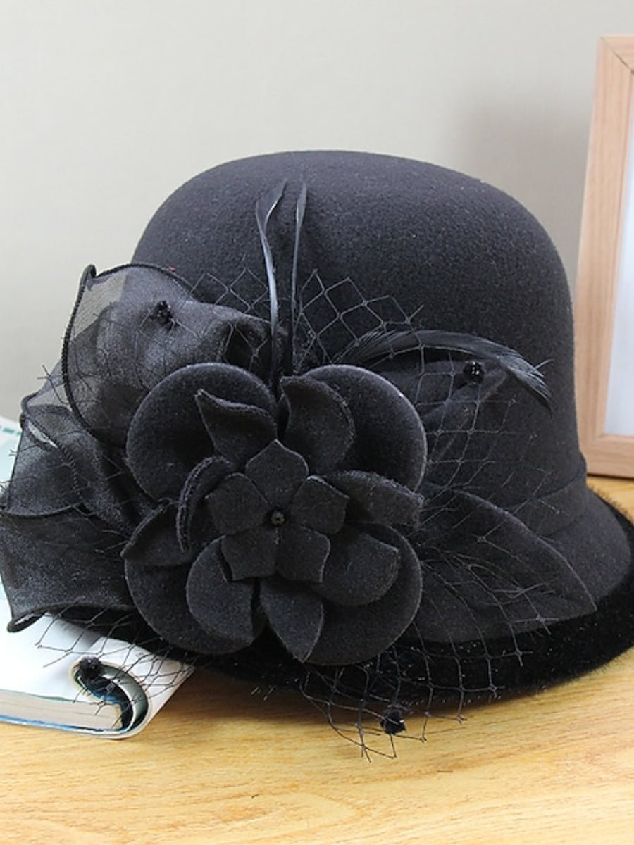 Women's Vintage Hat Flower Mesh Decoration Dome Elegent Bucket Hat