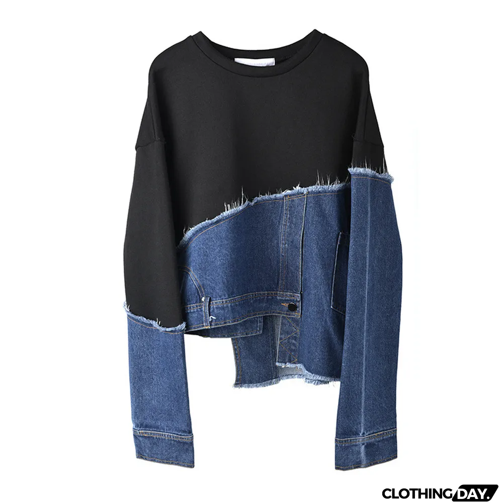Women Loose Asymmetrical Denim Patchwork Contrast Casual Top