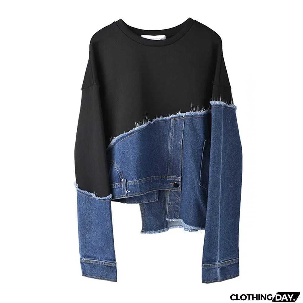 Women Loose Asymmetrical Denim Patchwork Contrast Casual Top