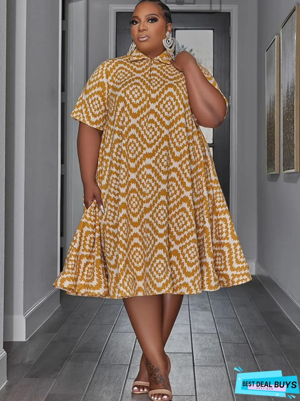 Flowy Plus Size Shirt Collar Short Sleeve Midi Dress