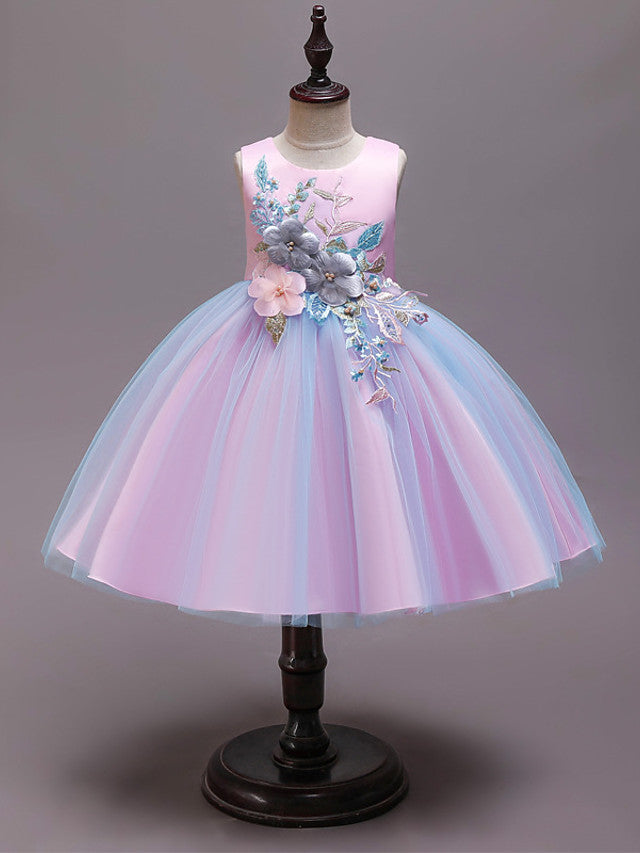 Oknass  Knee Length Sleeveless Jewel Neck Flower Girl Dresses  Satin Tulle Cotton  With Belt  Embroidery  Appliques