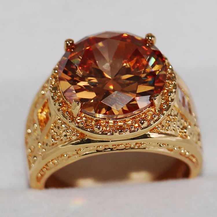 Luxury Iced Out Yellow Big Round Cubic Zirconia Gold Ring For Men