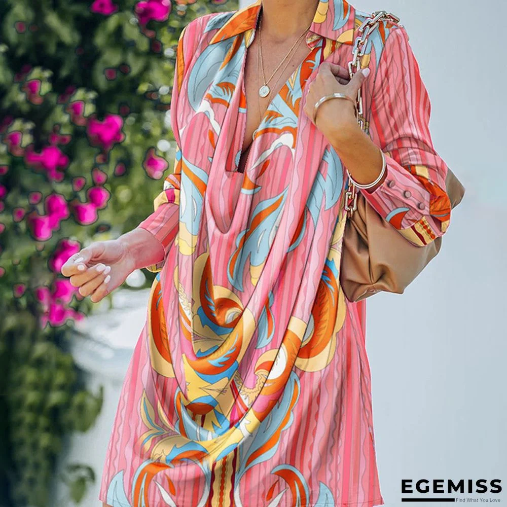 Fashion Printed Lapel Long Sleeve Casual Loose Dress | EGEMISS