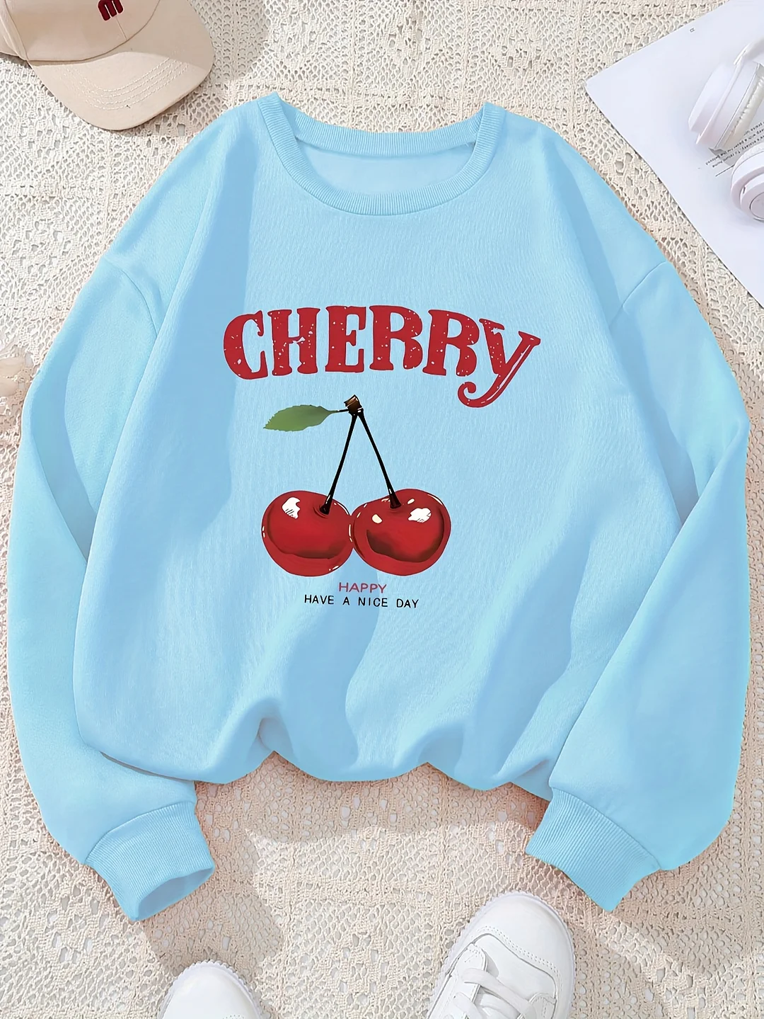 Women's Light Blue Cherry Graphic Print Sweatshirt - Casual Crew Neck Long Sleeve Pullover With "Cherry" Design, Casual Wear | Playful Print | Cozy Fit, Cherry Themed Item | IFYHOME