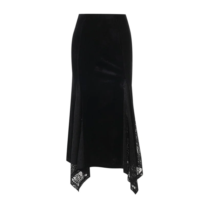 InsGoth Goth Vintage Black Long Skirt Aesthetic Elegant Lace Patchwork Velvet Skirt Gothic Sexy Hight Wait Slit Party Skirt