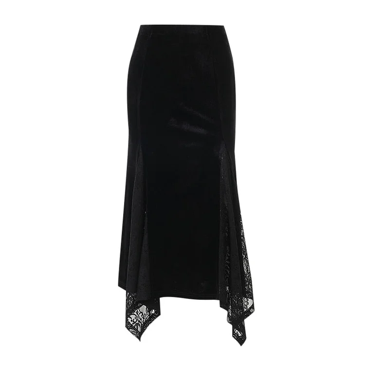 InsDoit Goth Black Aesthetic Midi Skirt Women Harajuku Vintage Split Lace Sexy Summer Long Skirt E Girl Streetwear Elegant Skirt
