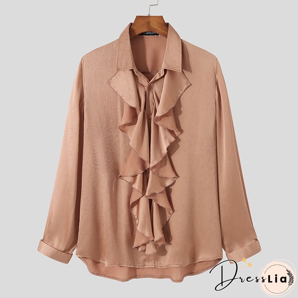 Fashion Men Long Sleeve Silky Shirts Bow Flounce Dance Loose Blouse Tee Tops