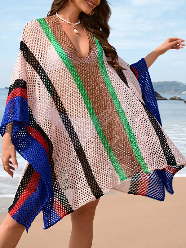 Batwing Sleeves Loose Hollow Striped Sun Protection V-Neck Beach Cover-Up