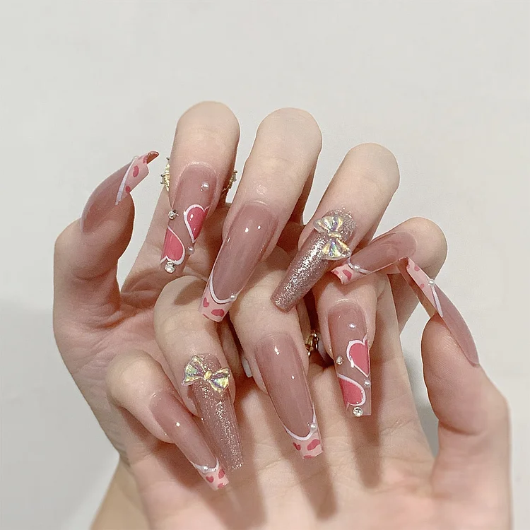 Pink Long Coffin Ballerina False Nails Simple Heart Transparent Bow Shiny Full Cover DIY Glue Press On Nails Detachable Tips