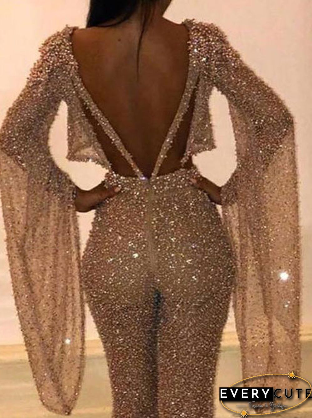 Women'S Jumpsuits Shiny Hollow Long Sleeve Open Back Jumpsuit