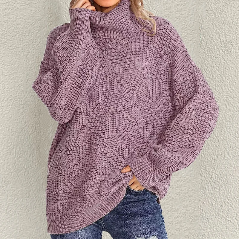 Retro Loose Turtleneck Cable Knitted Long Sleeve Sweater