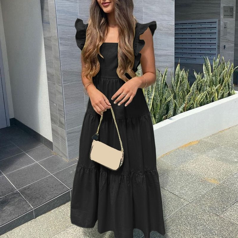 Celmia 2022 Summer Maxi Sundress Women Sexy Sleeveless Ruffle Dress Bohemian Square Collar Casual Solid Beach Party Vestido Robe