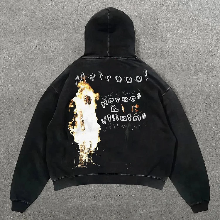 Vintage Personalized Metro Heroes & Villains Graphic Acid Washed Oversized Hoodie