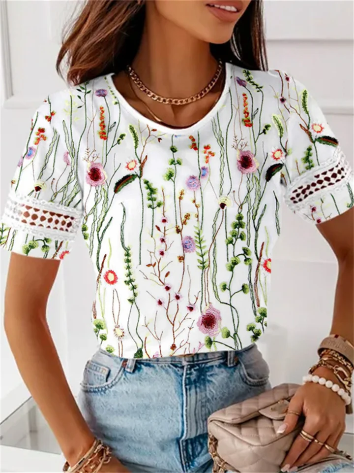 Spring and Summer Lace Patchwork Floral Print Short-sleeved Round Neck T-shirt Loose Type Comfortable Casual Female Tops