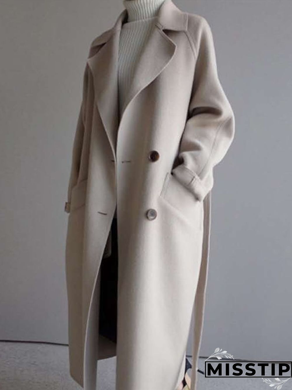 Women's Fashion Loose Tie Waist Pea Coat with Belt