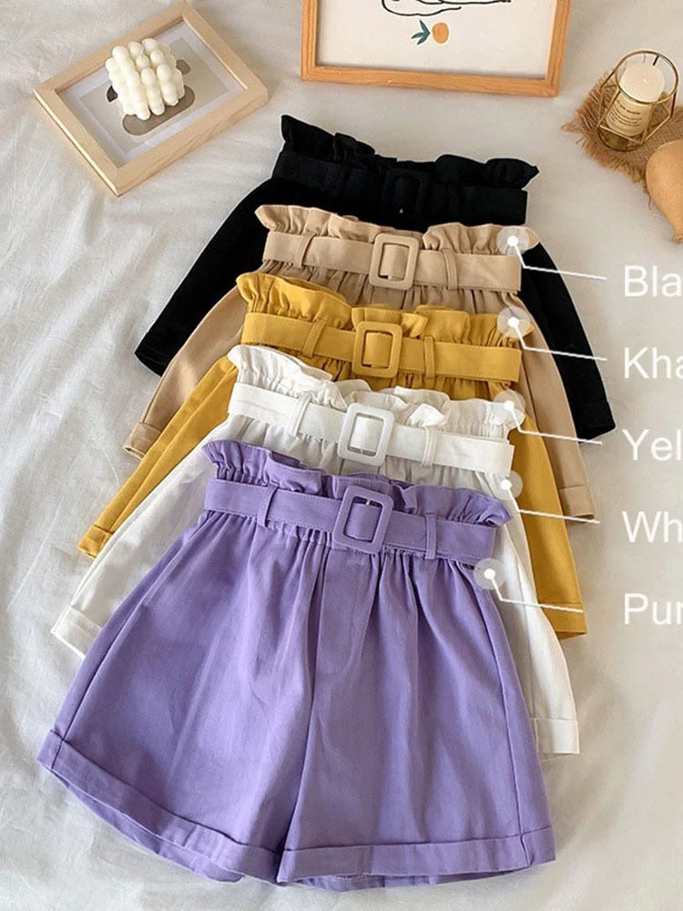 Women Casual High Waist Loose Cotton Short Pants 2022 Summer Elegant Sweet Girls All-Match Wide Leg Shorts With Belt Korean