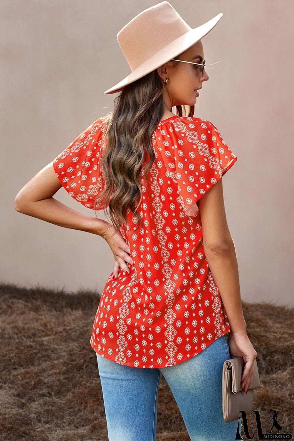 MidiSono - Red V-neck Short Sleeve Fashion Print Fantasy Fluttering Blouse