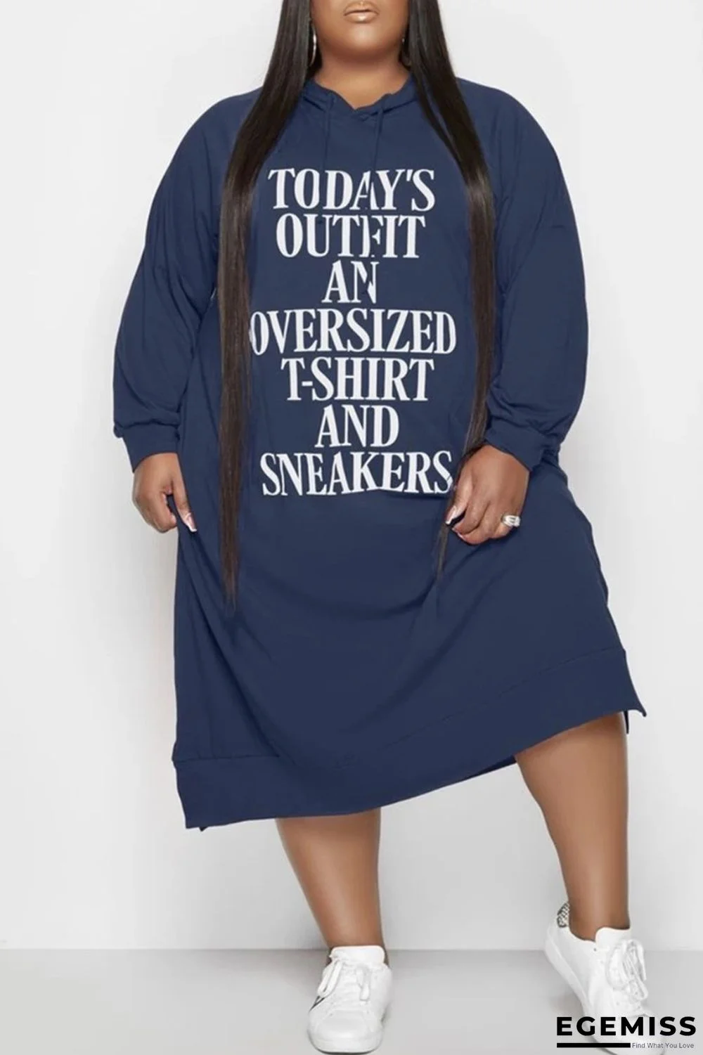 Tibetan Blue Fashion Casual Letter Print Basic Hooded Collar Long Sleeve Plus Size Dresses | EGEMISS