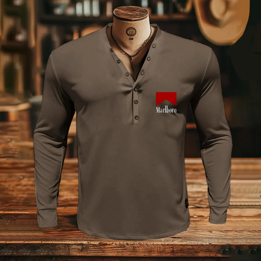 Stylish Logo Long Sleeve Henley Shirt