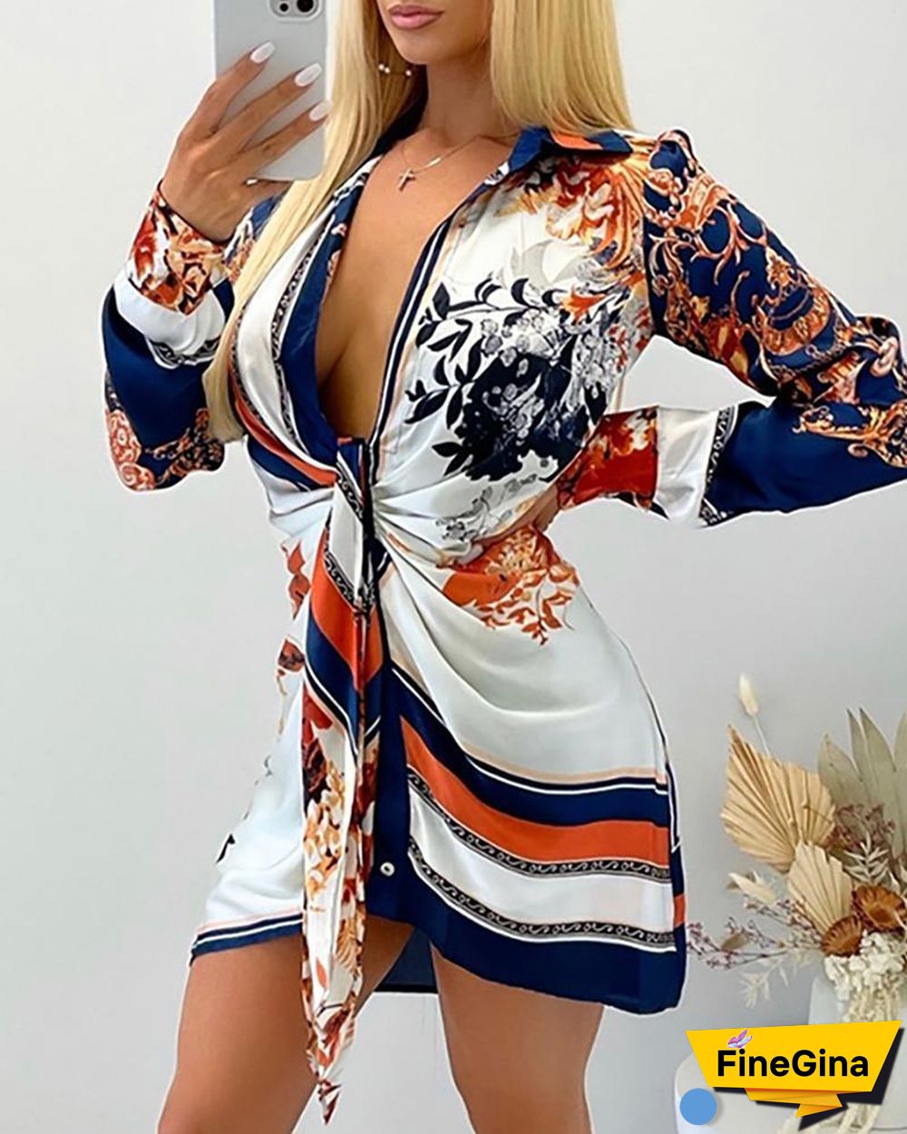 Scarf Print Long Sleeve Shirt Dress P14548