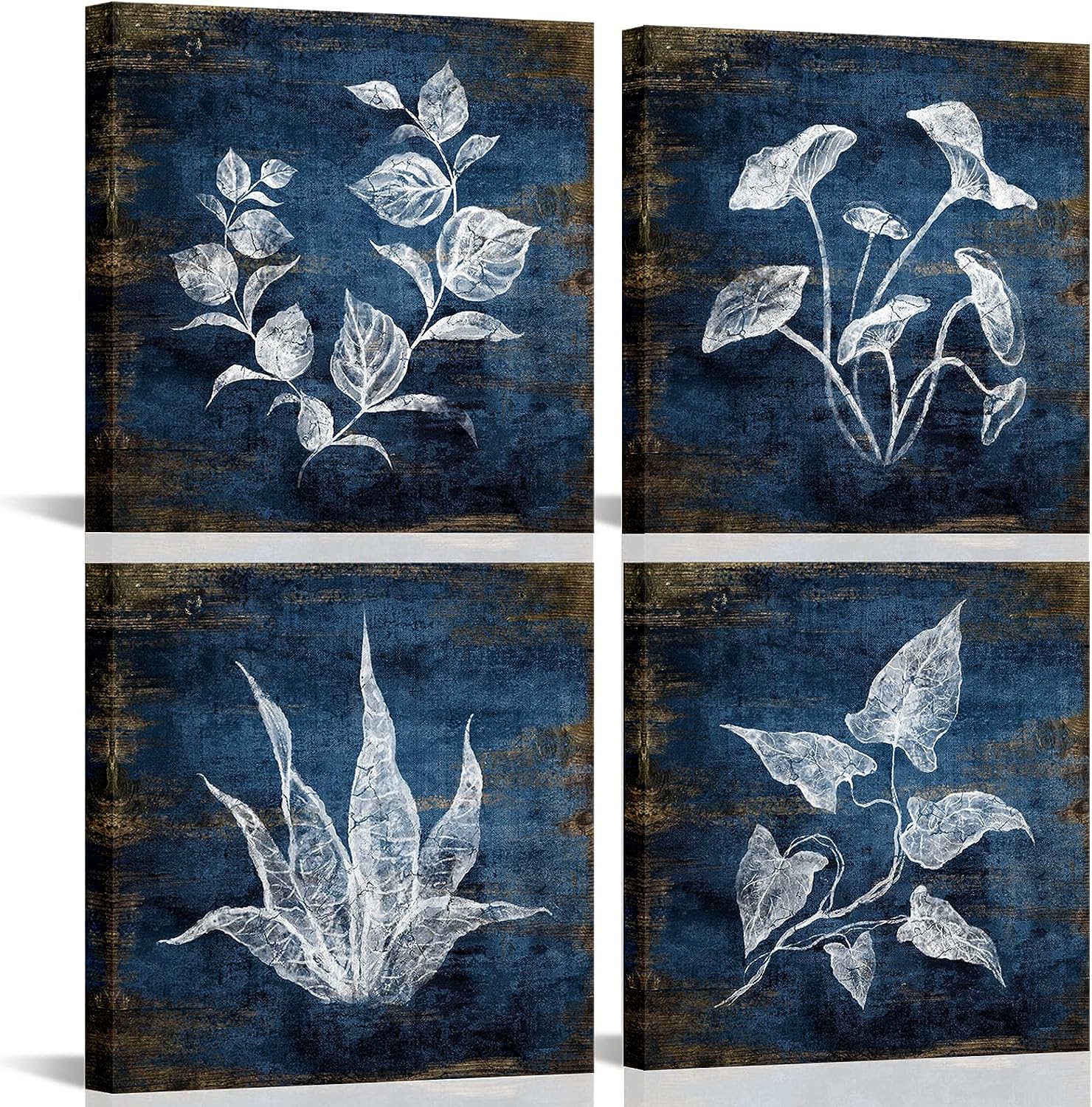 KLVOS Leaf Picture Wall Art Prints Navy Blue Tropical Plant Green Leaf Inspirational Canvas Prints Artwork Rustic Natural Leaves Framed Wall Decor for Bathroom Bedroom Living Room Navy Leaf