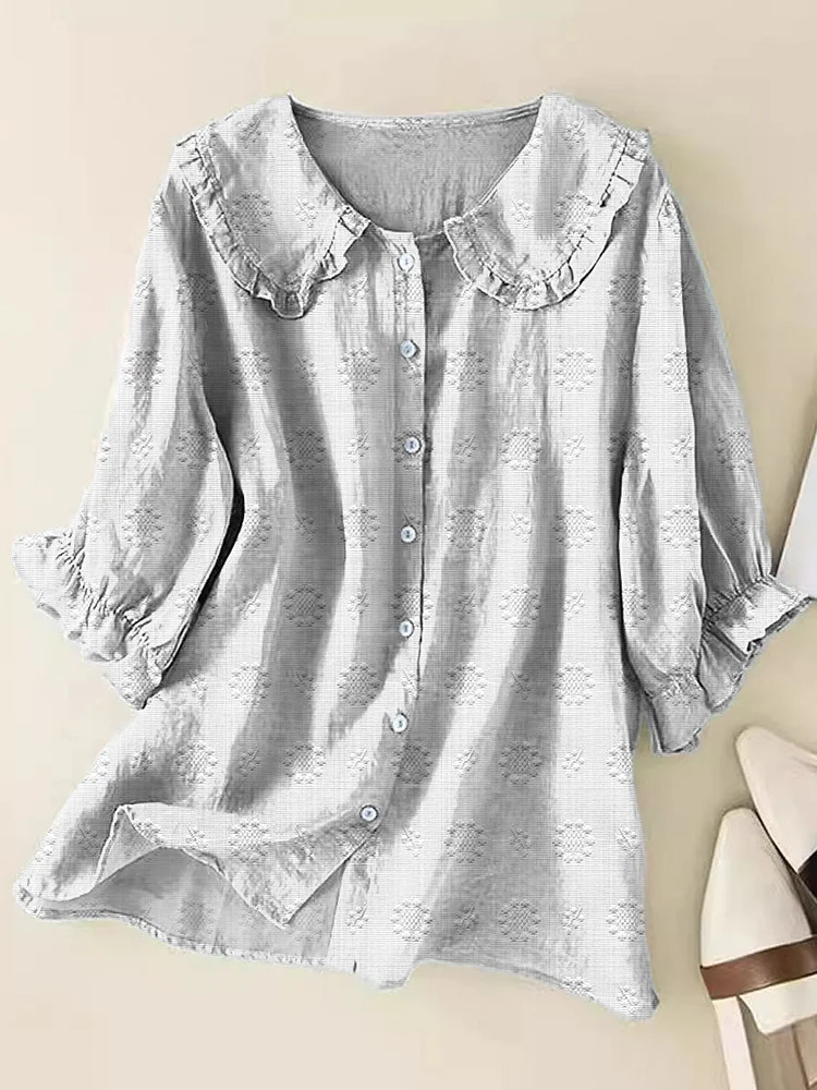 Women Vintage Lovely Floral Pattern Art Print Loose Peter Pan Collar Half Sleeve Blouses