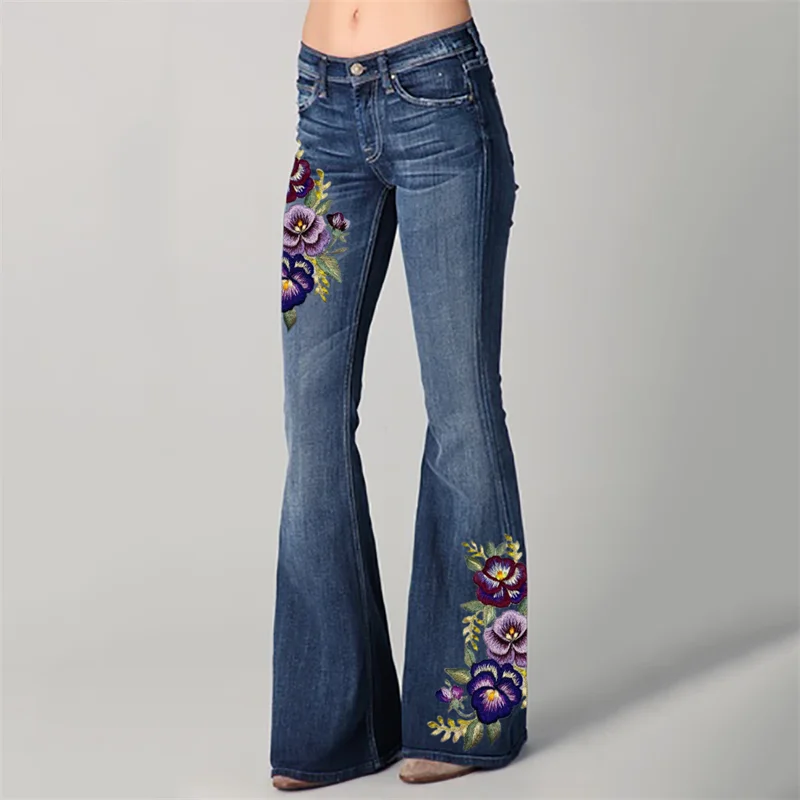 Classy Pansy Floral Embroidered Washed Bell Bottom Jeans