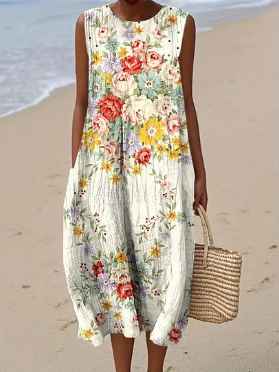 Women's Sleeveless Loose Fit Summer Dress With Colorful Stripes & Dots Print, Bubble Wrinkle Detail, Chest Ruching, A-Line Silhouette & Flared Hem - Machine Washable Casual Beach Vacation Dress For Spring Summer Fall, Beach Dresses, Holiday Outfit | IFYHOME