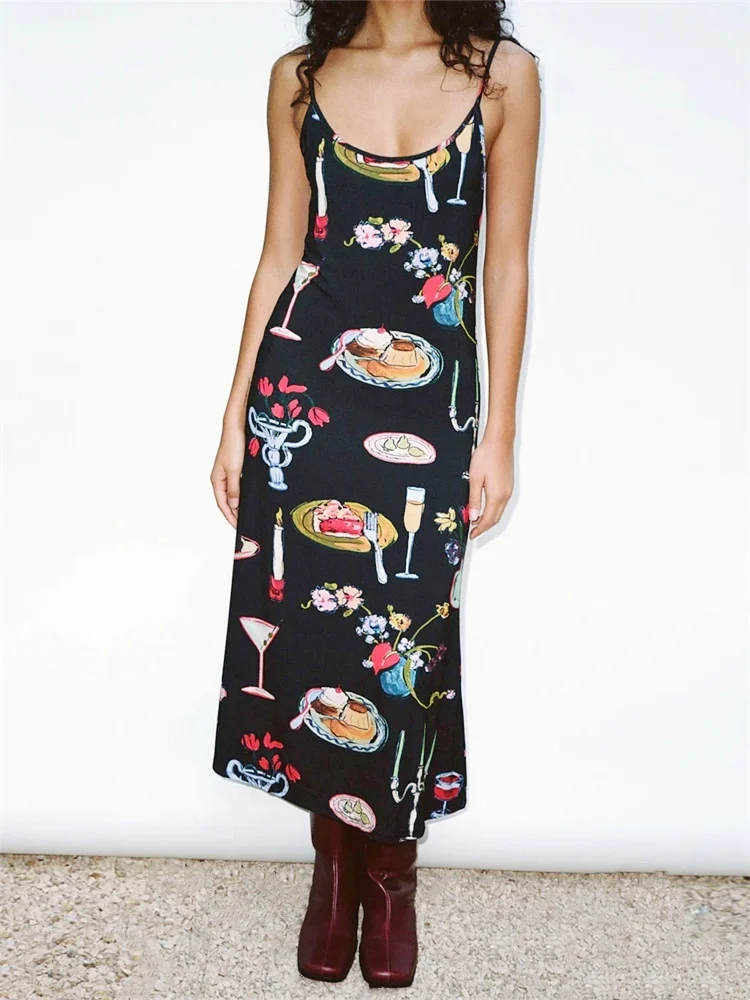 Shuantuo Women Cami Dress Fashion Print Sleeveless  Bodycon Midi Dress Summer Casual Party Y2K Long Dresses