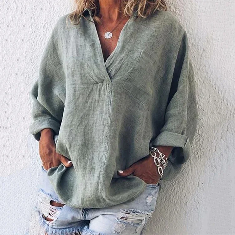 Solid Color Comfy V Neck Long Sleeve Shirt