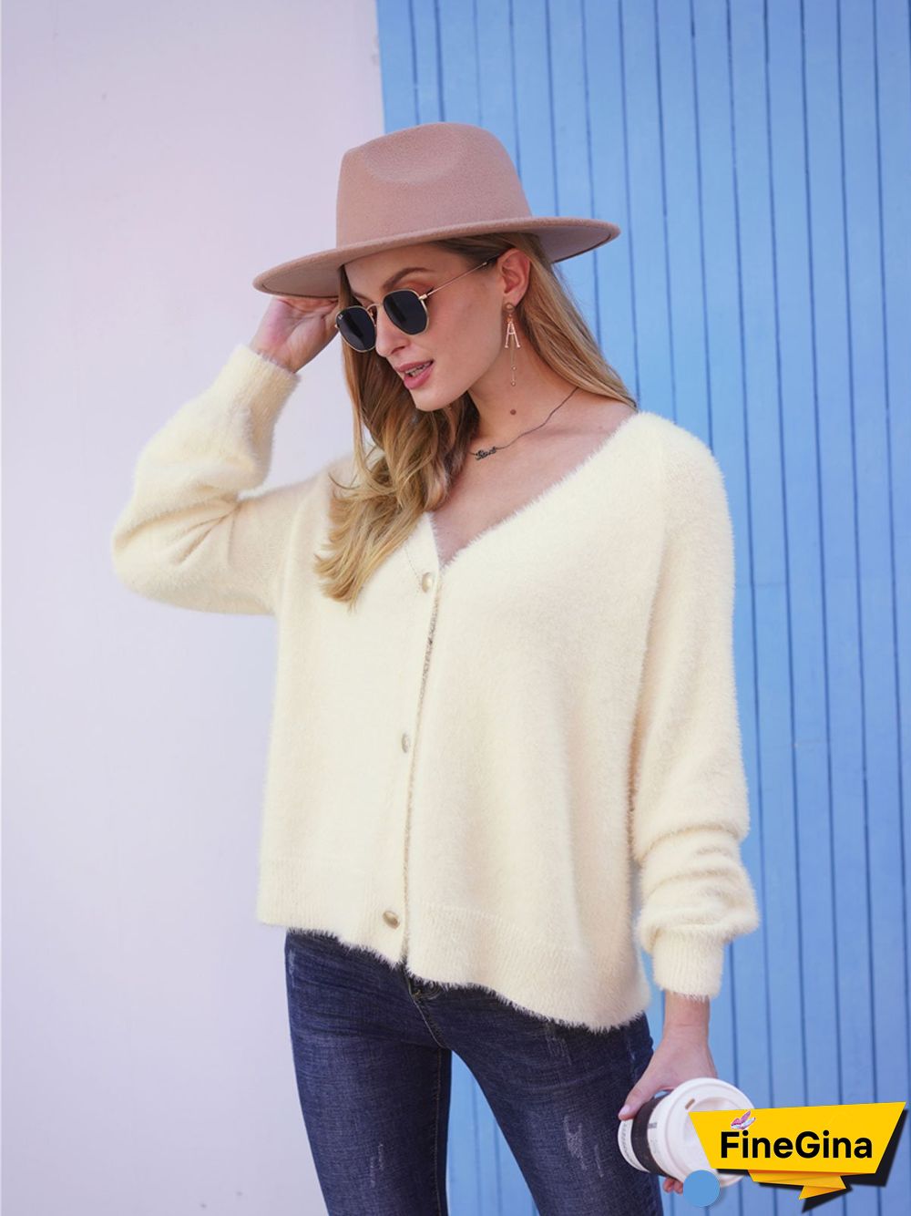 Solid Color Button V-Neck Sweater