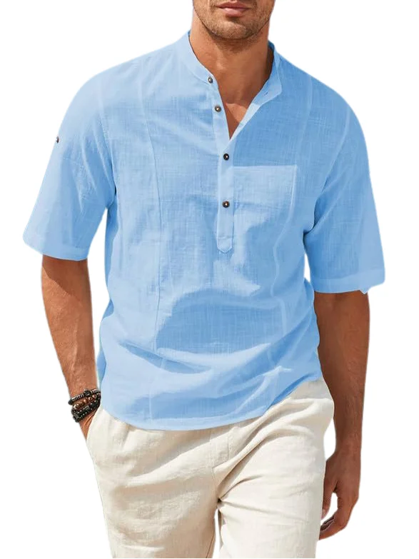 Mens Cotton Linen Henley Shirt Casual Button Down Short Sleeve Tropical Shirts Summer Beach T Shirts