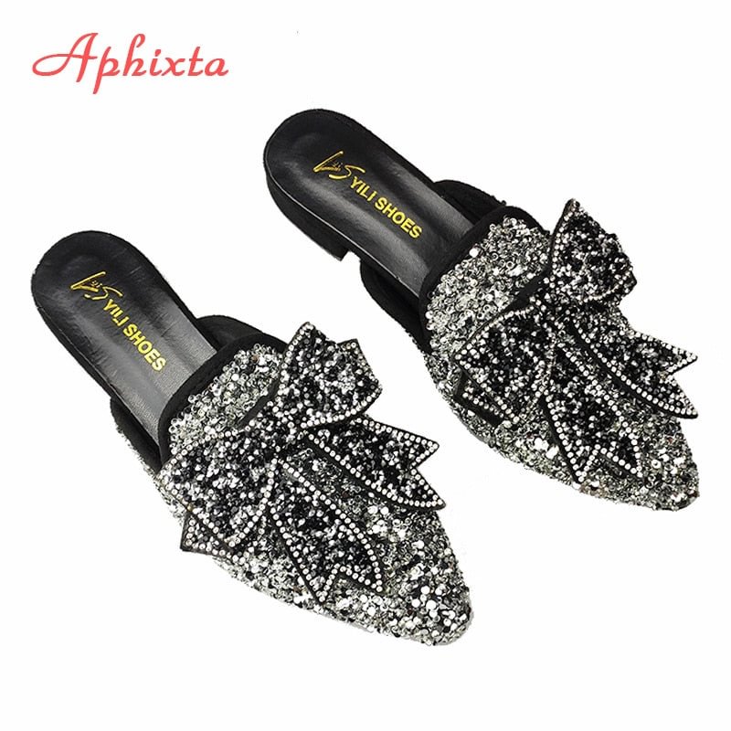 Aphixta Sequined Bow Pointed Toe Mules Shoes Women Slippers Butterfly-knot Flip Flops Sequines Square Heels Slip On Slides Womam